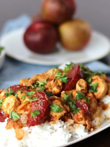 Apricot Chicken on a bed of white rice.