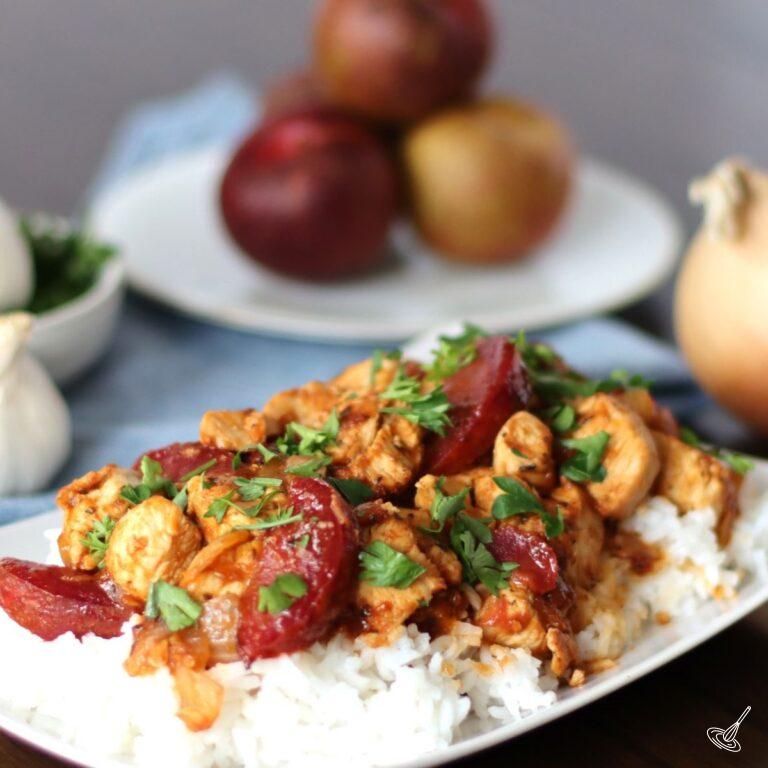 Apricot Chicken on a bed of white rice.