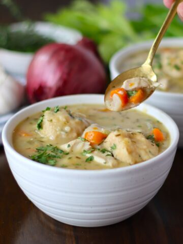 Chicken and Dumplings in a bowl.