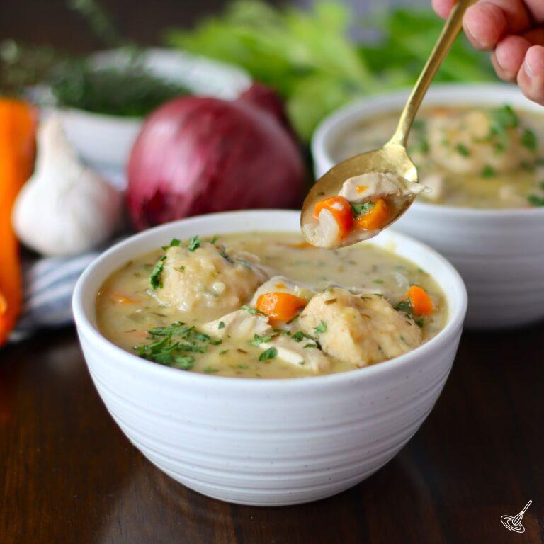 Chicken and Dumplings in a bowl.