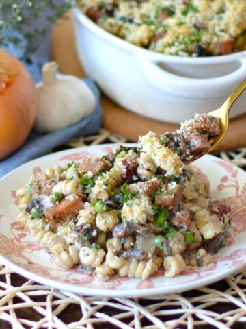 Spam Tetrazzini Pasta on a plate.