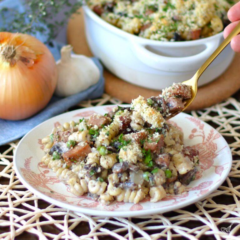 Spam Tetrazzini Pasta on a plate.