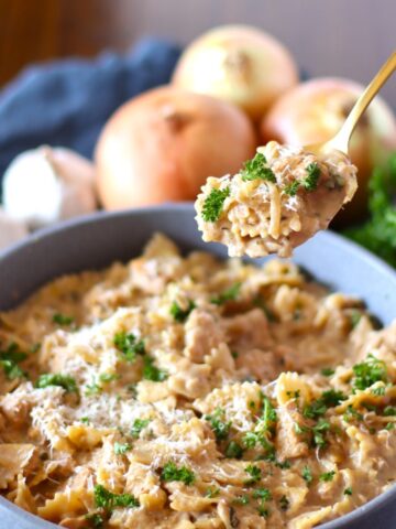French Onion Chicken Pasta in a large shallow dish.