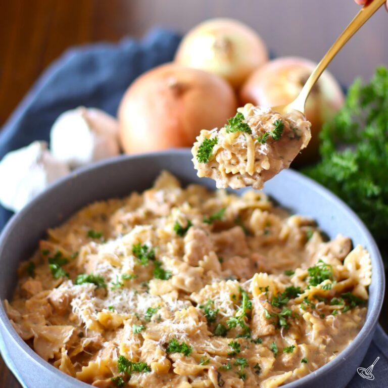 French Onion Chicken Pasta in a large shallow dish.
