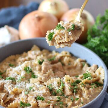 French onion Chicken Pasta in a large shallow dish.