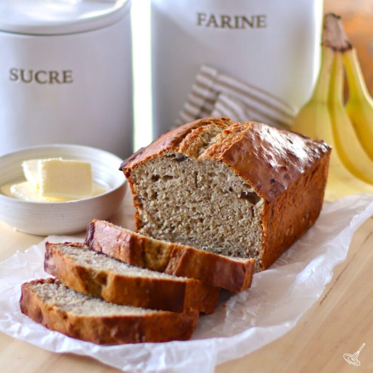Sliced loaf of banana bread.