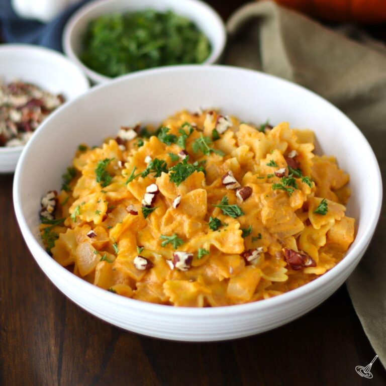 Pumpkin Pasta Sauce Recipe made with farfalle pasta in a bowl.