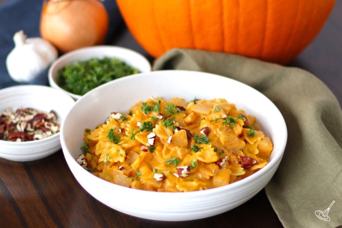 Pumpkin pasta dish in a large bowl.