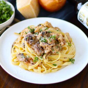 Chicken Marsala Fettuccine on a plate.