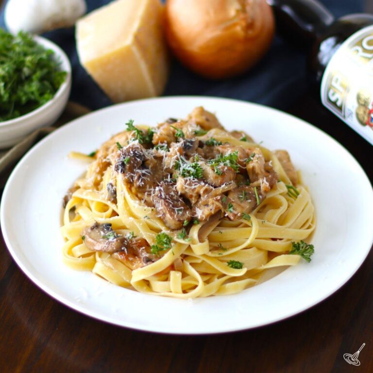 Chicken Marsala Fettuccine on a plate.