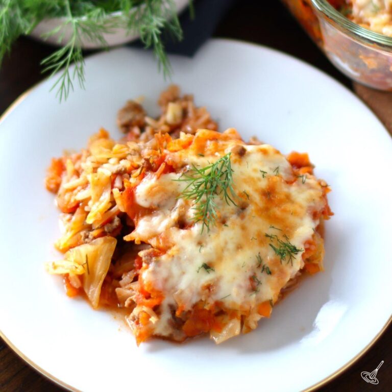 A portion of Cabbage Roll Casserole on a plate.