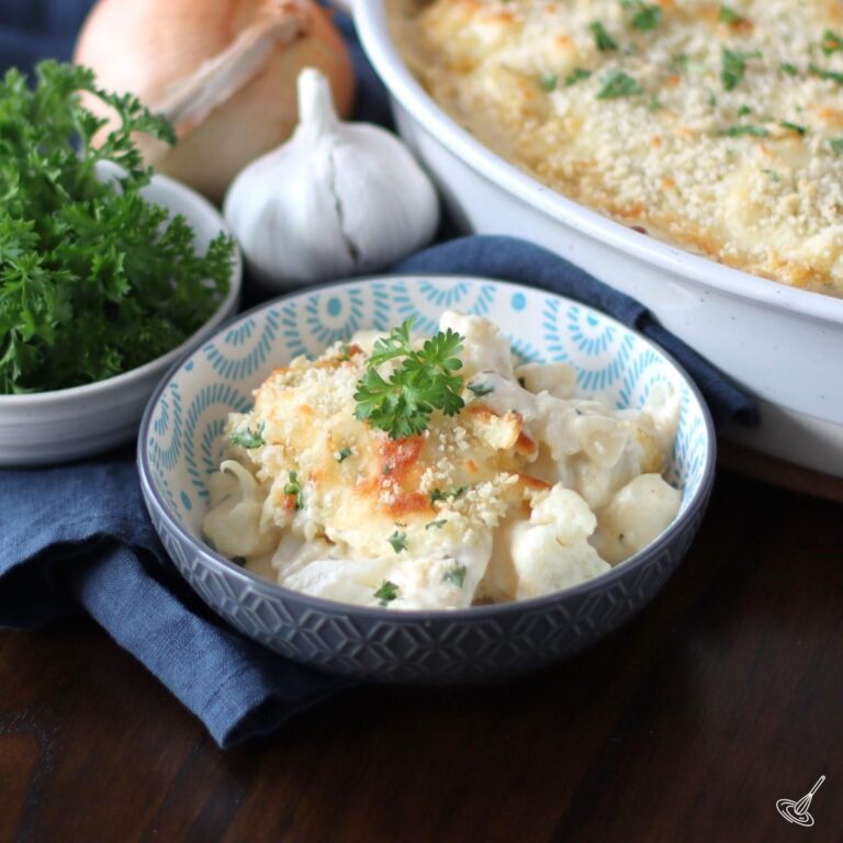 Cauliflower Mac and Cheese in a bowl.