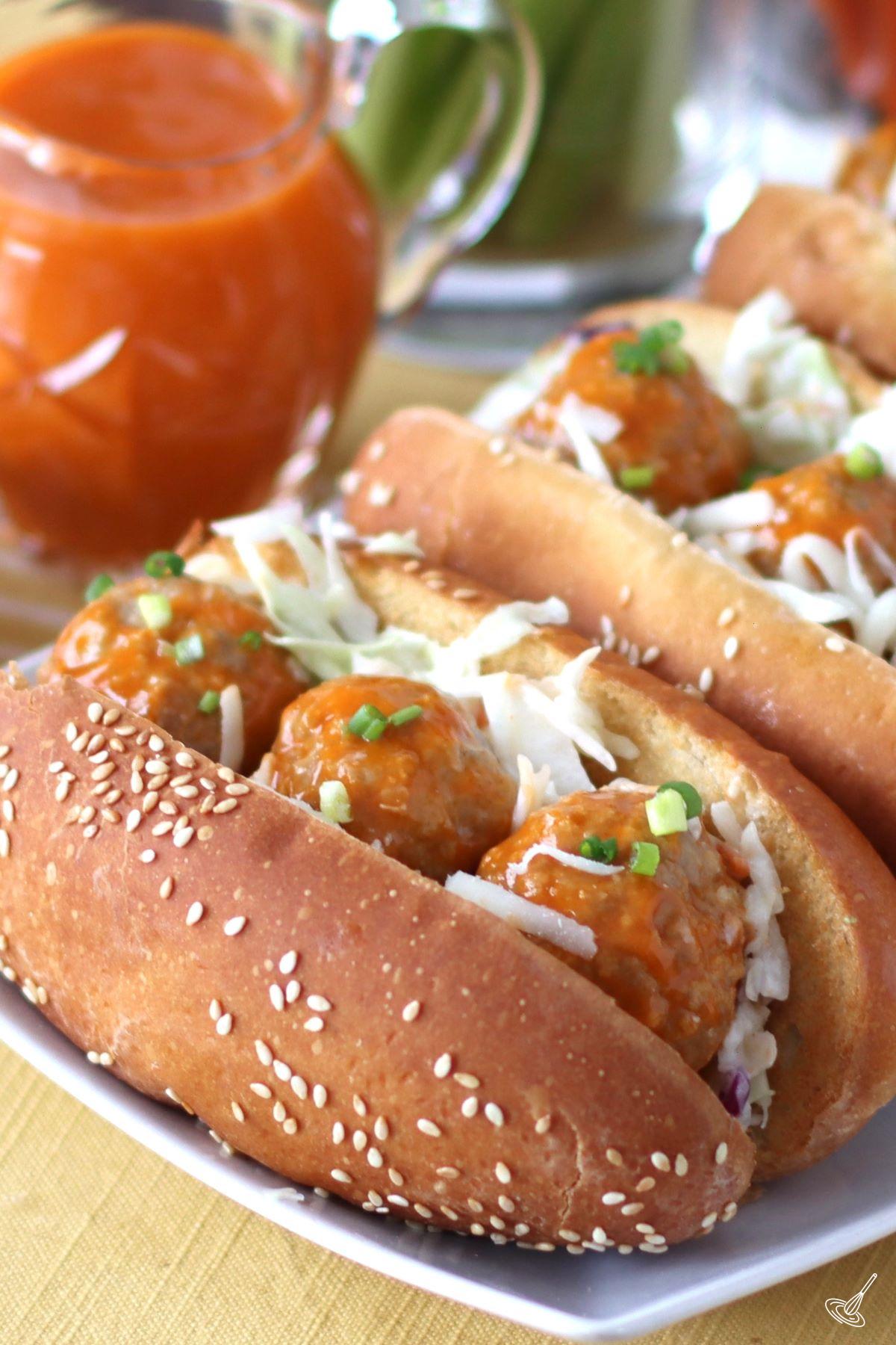 Buffalo Turkey Meatball Subs on a plate.