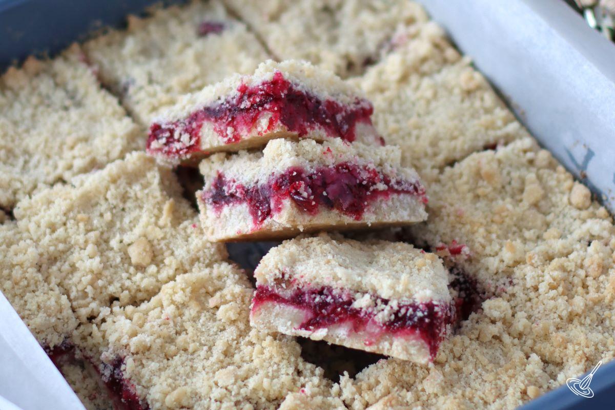 Cranberry Shortbread Bars in  a baking pan. 
