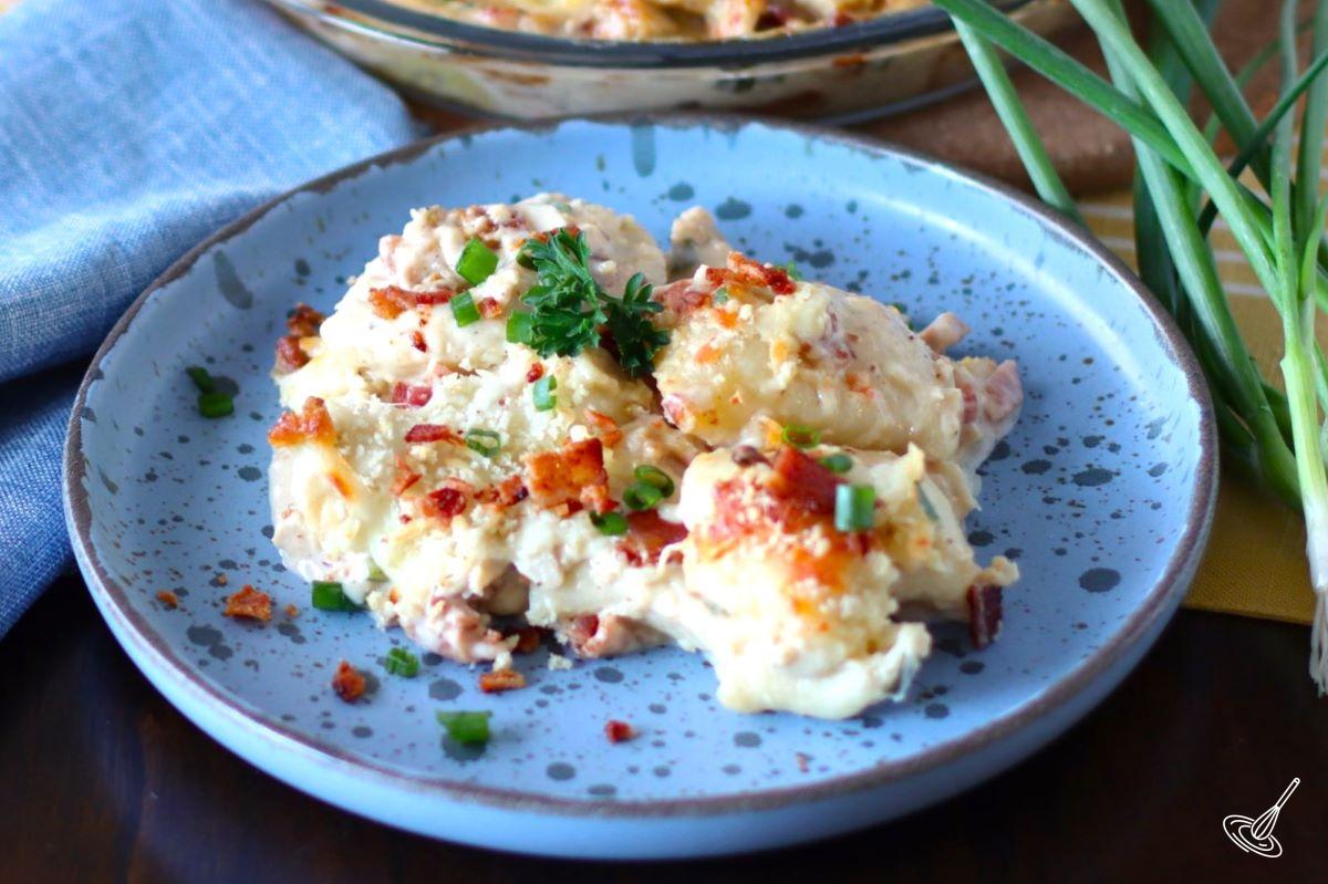 A portion of Crack Chicken Pierogi Casserole on a plate.