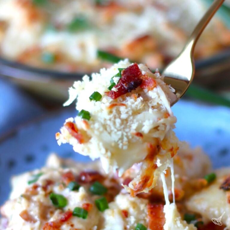 Crack Chicken Pierogi Casserole on a fork.