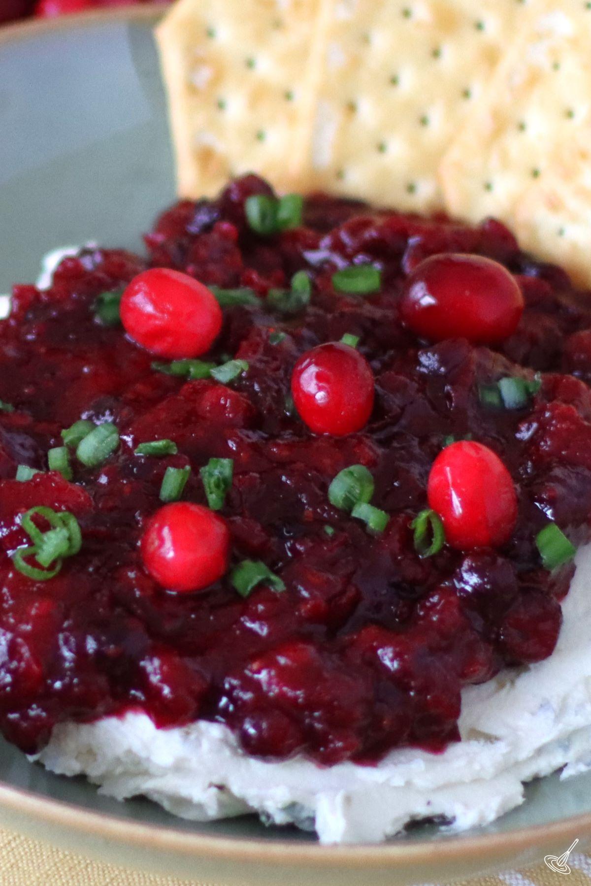 Creamy Cranberry Jalapeno Dip in a bowl with crackers. 