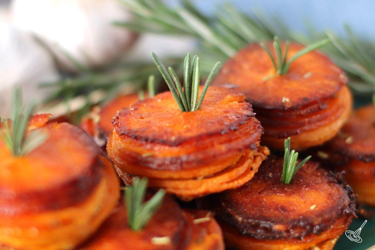 A stack of Garlic Butter Sweet Potato Stacks.