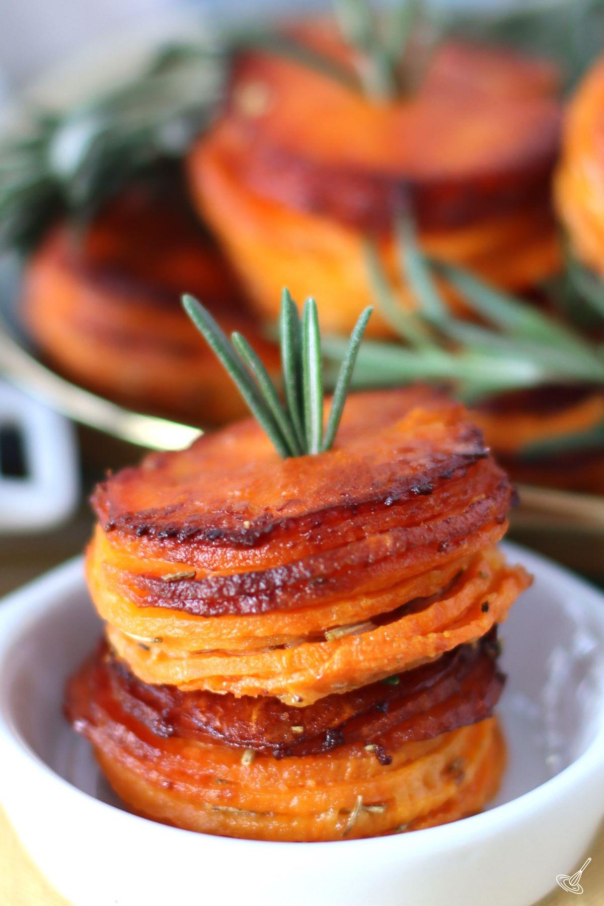 Garlic Butter Sweet Potato Stack in a dish.