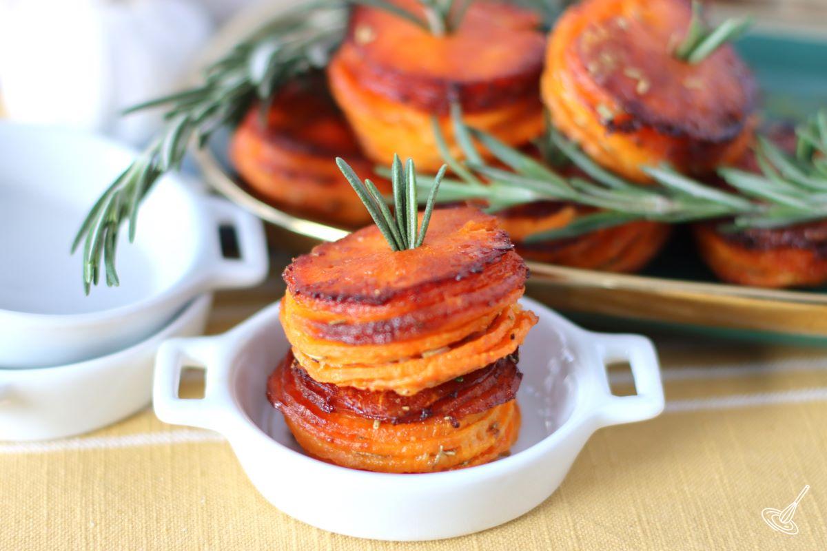 Garlic Butter Sweet Potato Stacks on a platter.