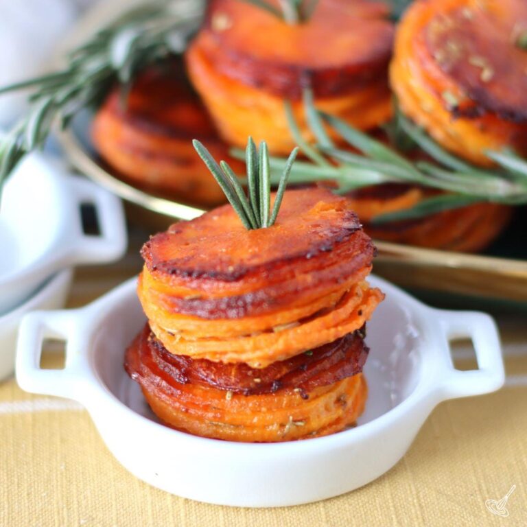 Garlic Butter Sweet Potato Stack in a dish.