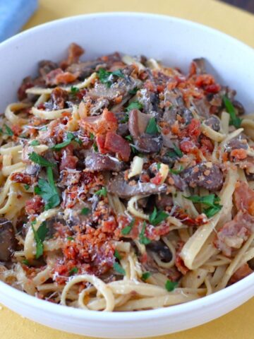 Bacon and Mushroom Pasta in a serving bowl.