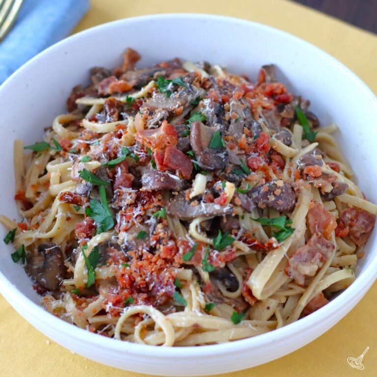 Bacon and Mushroom Pasta in a serving bowl.