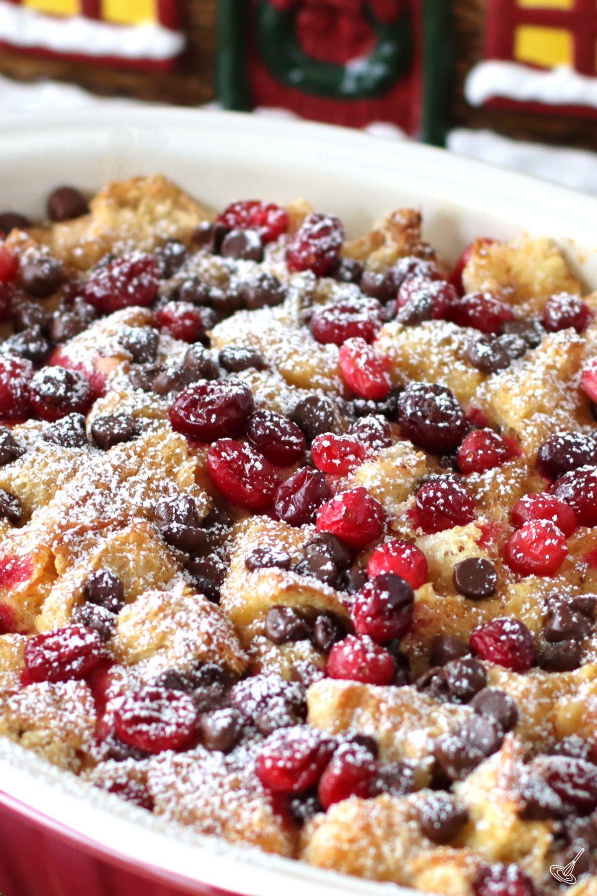 Eggnog French Toast Casserole dusted with icing sugar.