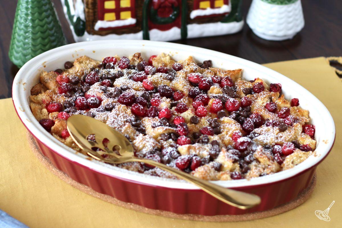 Eggnog French Toast Casserole dusted with icing sugar. 