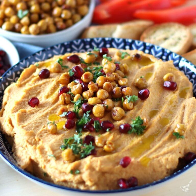 A bowl of Sweet Potato Hummus.