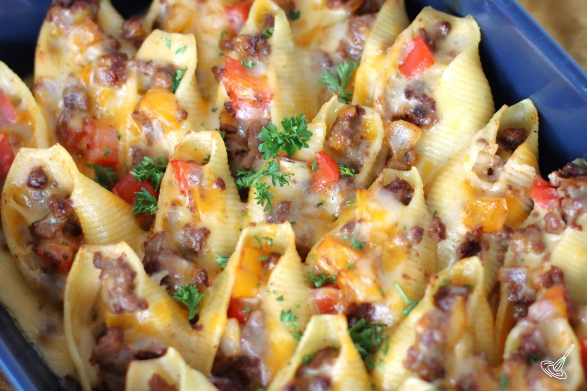 Philly Cheesesteak Stuffed Shells in a baking dish.