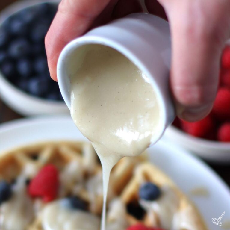 Waffle Sauce being pored onto a waffle.