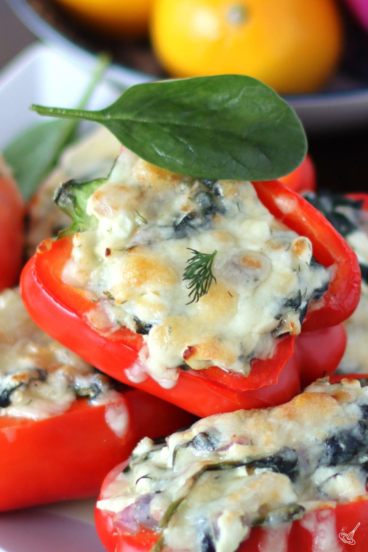 A close-up of a Spanakopita Stuffed Pepper. 