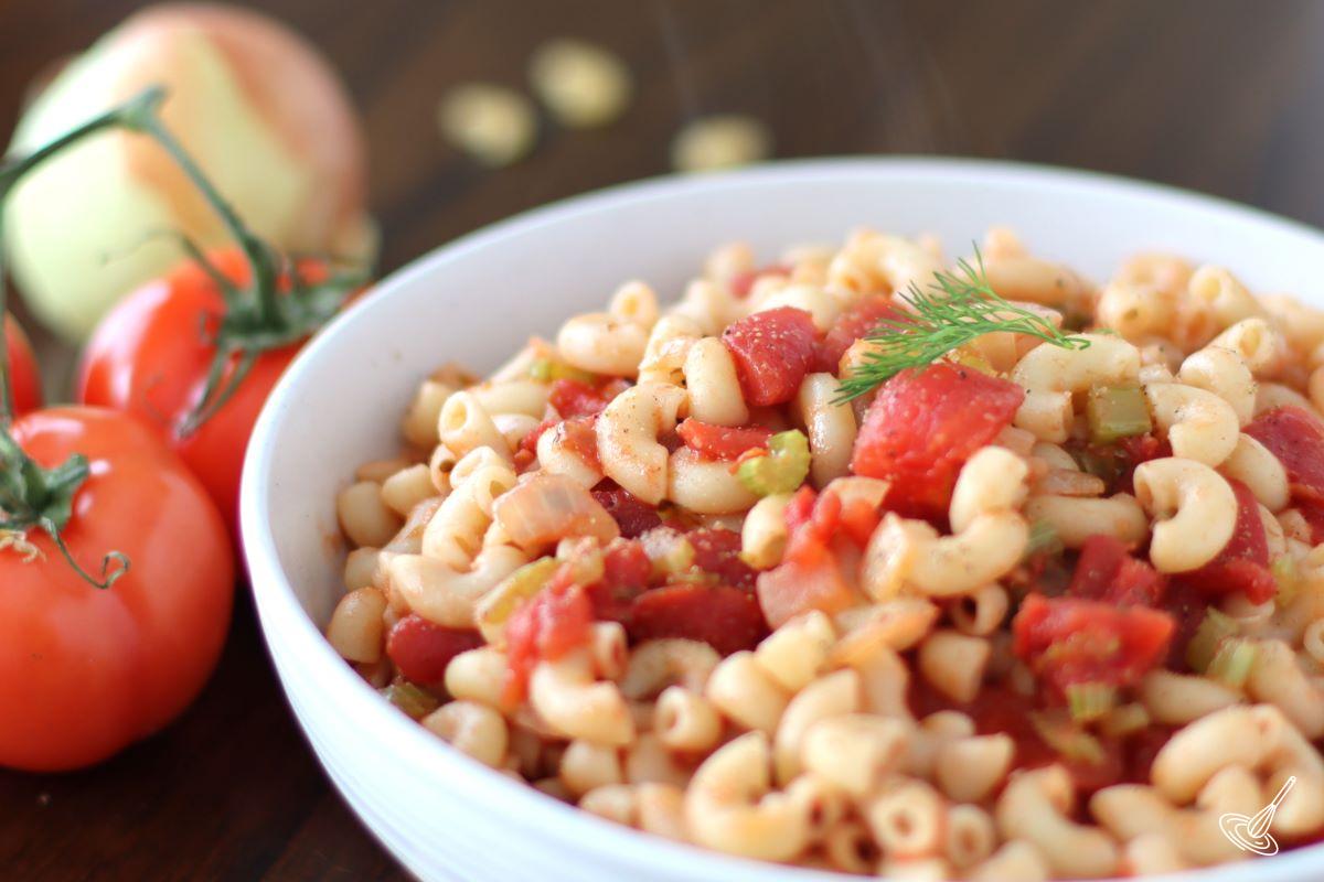 Macaroni and Tomatoes Recipe in a serving bowl.