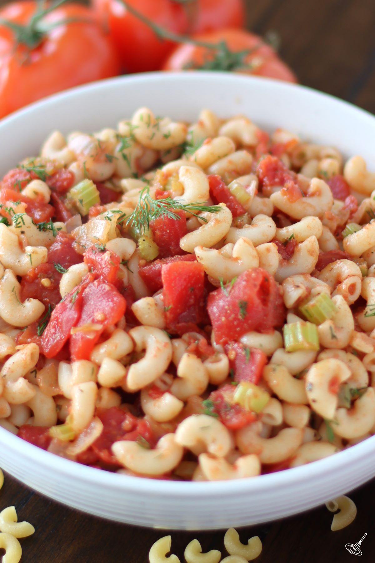 Macaroni and Tomatoes Recipe in a serving bowl.