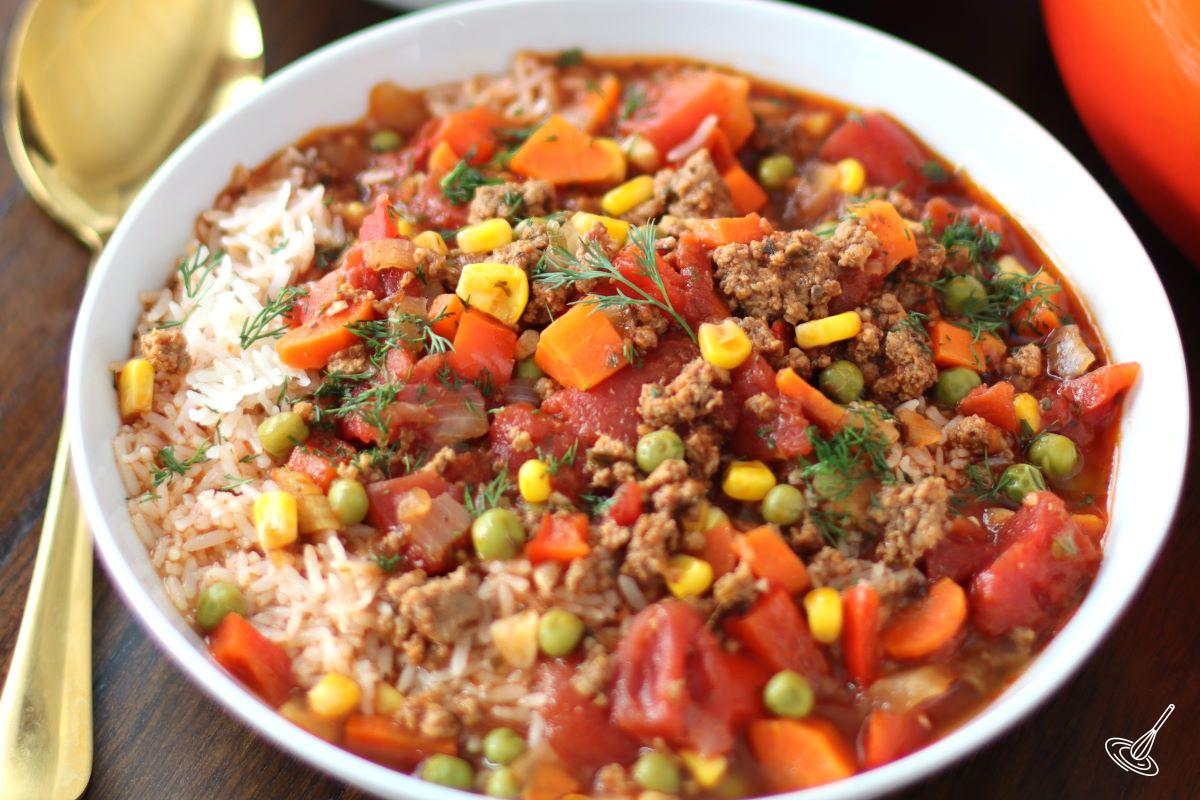 A large bowl of Beef and Rice Soup. 