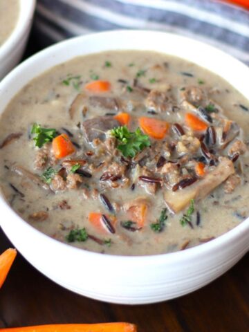 Wild Rice Hamburger Soup in a bowl.