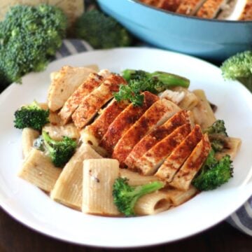 Cajun Chicken and Broccoli Alfredo on a plate.