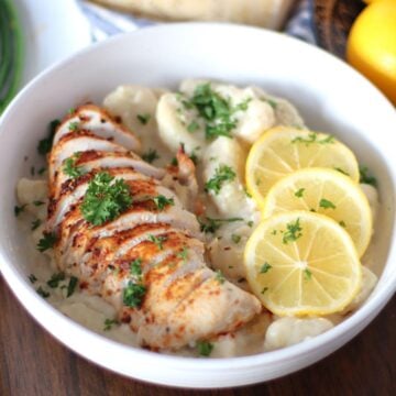 Lemon Parm Chicken Gnocchi in a dish.