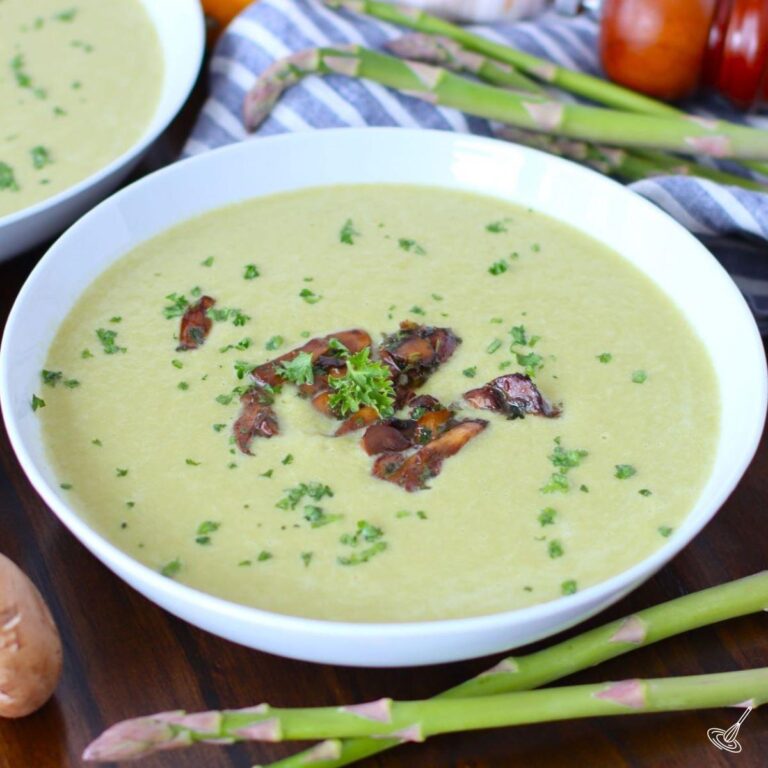 Asparagus Mushroom Soup in a bowl.