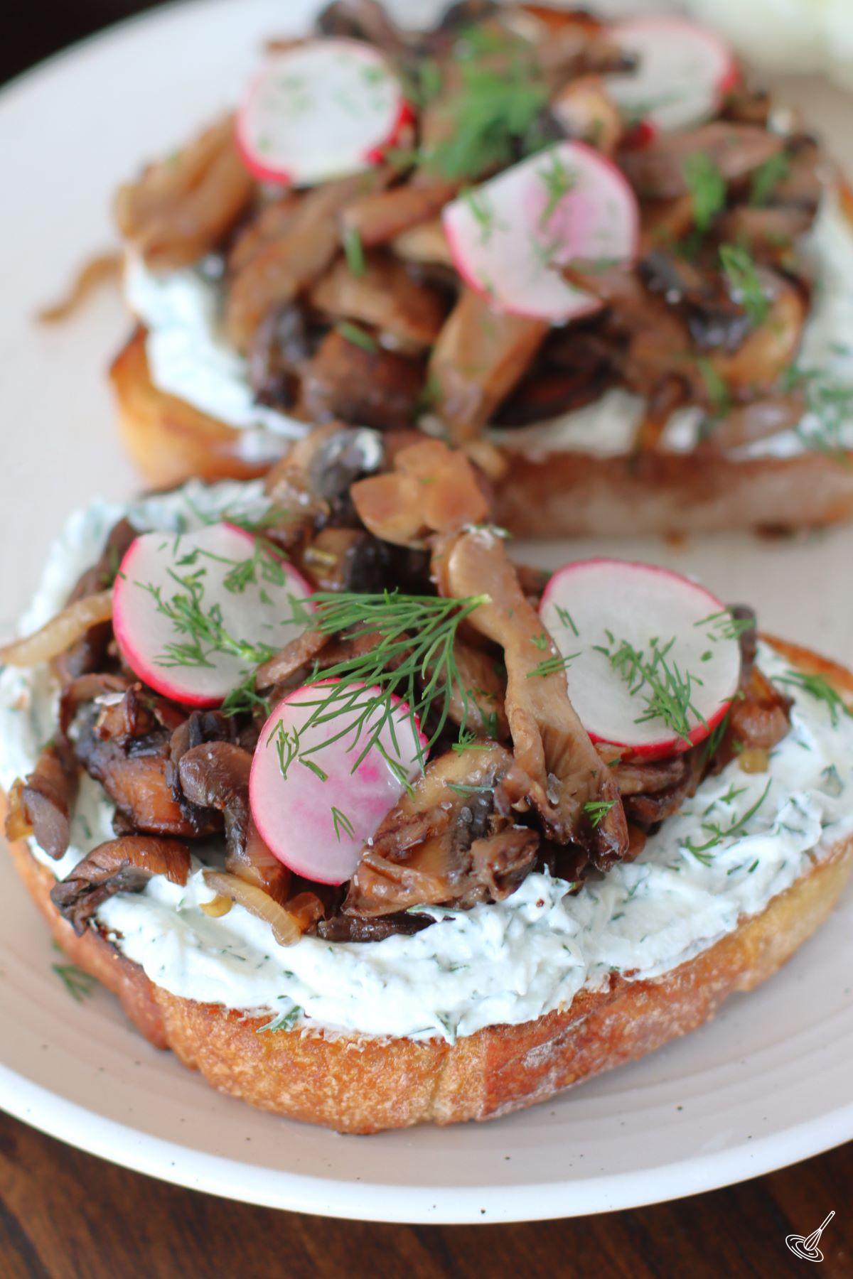 Mushroom Tartine on a plate. 