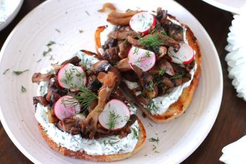 Mushroom Tartine on a plate.