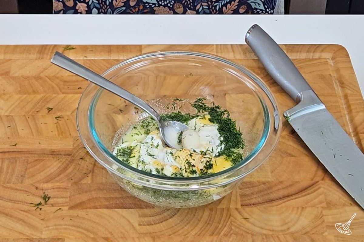 Ingredients in a small bowl, to make Dill Pickle Salad Dressing. 