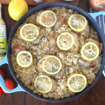 Greek Chicken with Lemon Rice in a skillet.