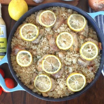 Greek Chicken with Lemon Rice in a skillet.
