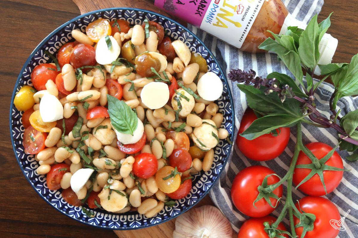 White Bean Caprese Salad in a serving bowl.