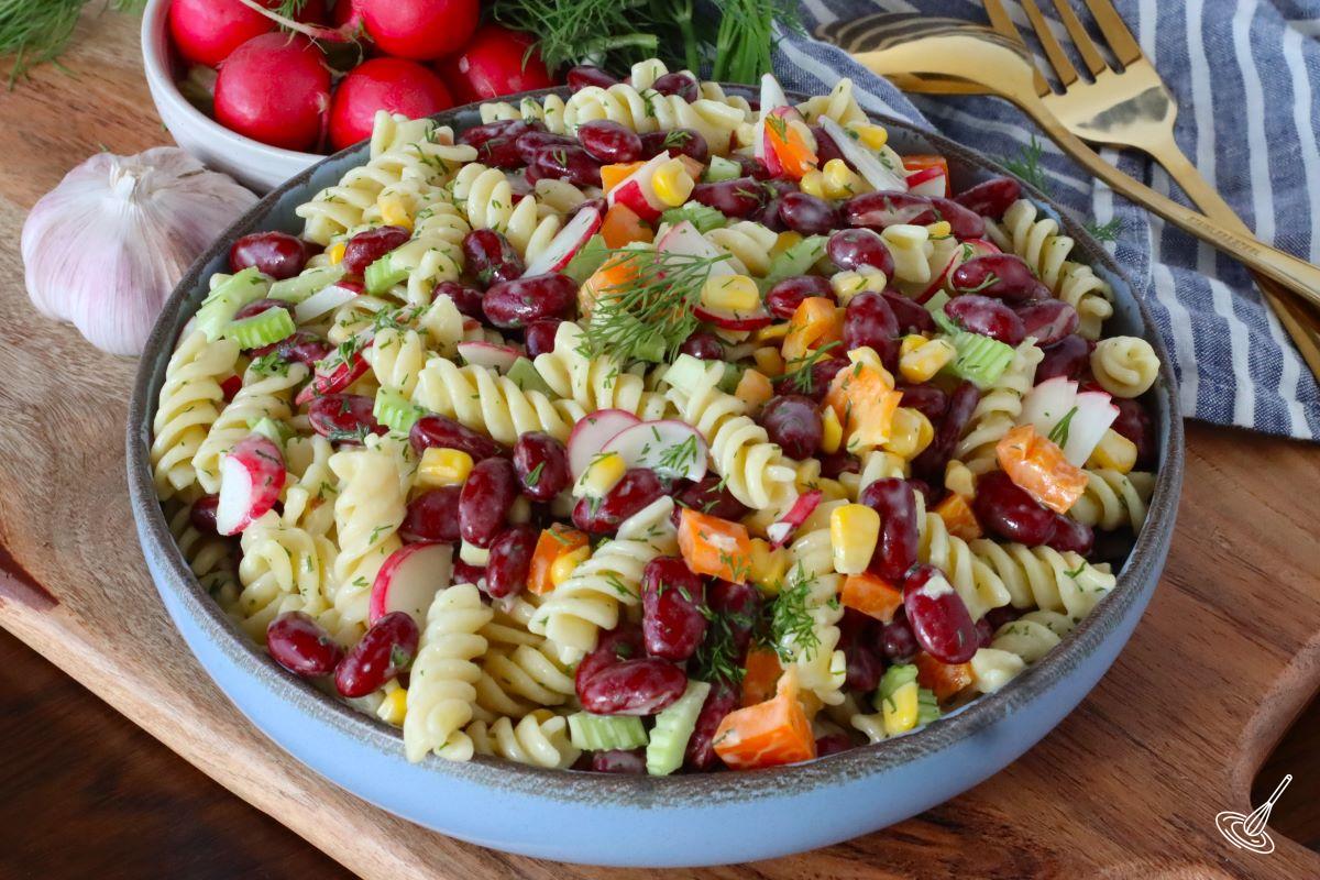 Pasta Salad with Kidney beans in a large serving dish.