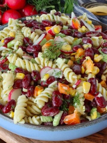 Pasta Salad with Kidney Beans in a serving bowl
