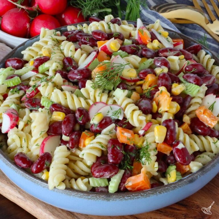 Pasta Salad with Kidney Beans in a serving bowl