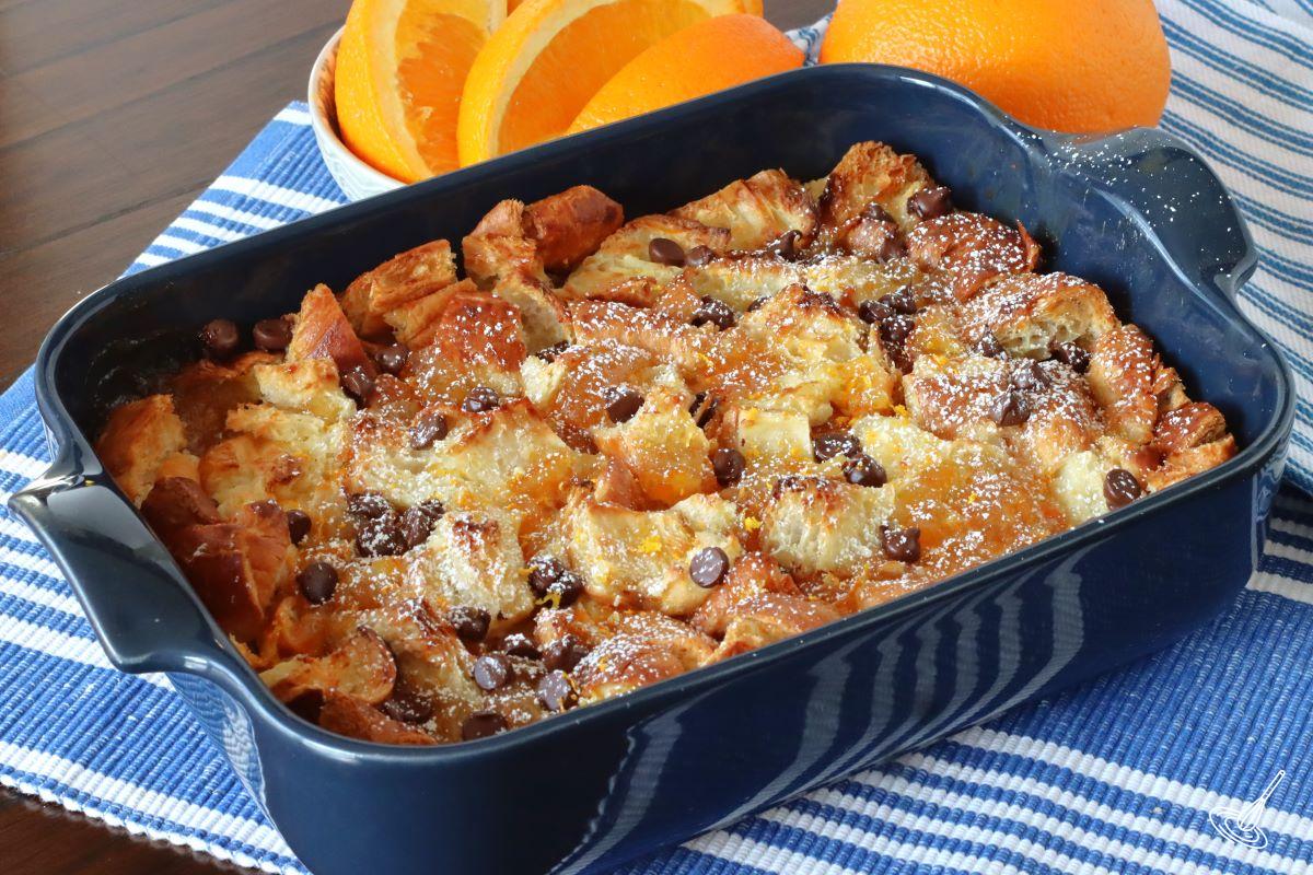 Orange Croissant Breakfast Bake on a table.